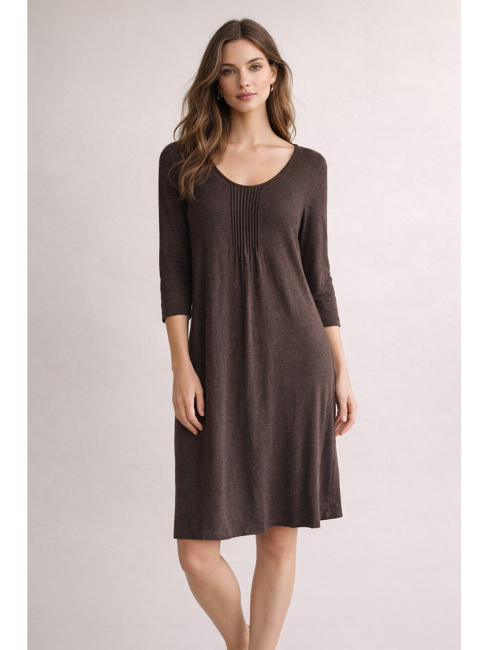 Eileen Fisher Pintuck Shift Dress Women S Brown Stretch Scoop Neck 3/4 Sleeve